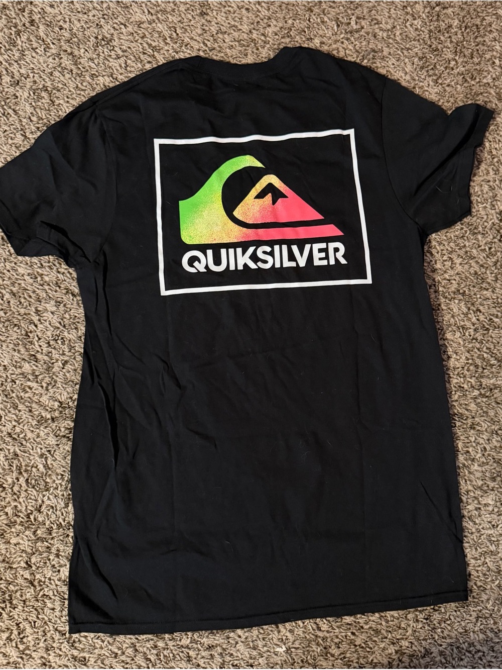 Quiksilver Black Tee with Neon Green to Pink Gradient Logo
